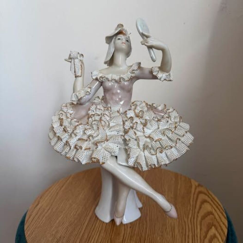 Dresden Style Porcelain Lace Ballerina Figurine with Hand Mirror – Debelly